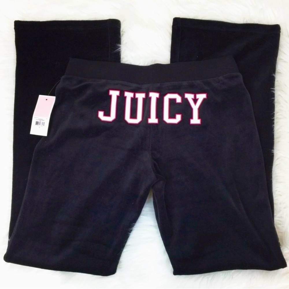 Y2K Black Velour Pants w/ Pink & White Juicy Logo on Butt & a White Drawstring